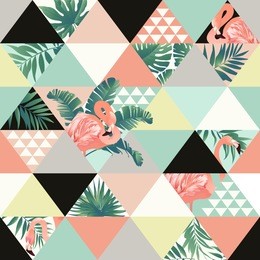 exotic beach trendy seamless pattern, patchwork illustrated floral vector tropical banana leaves. jungle pink flamingos wallpaper print background mosaic