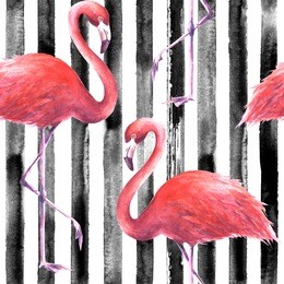 trendy background. tropical exotic pink flamingos on vertical striped black and white background. watercolor hand drawn illustration. seamless pattern for wrapping, wallpaper, textile, fabric.