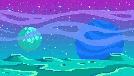 pixel art game location. cosmic area,someone planet surface. seamless vector background