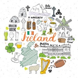 ireland sketch doodles. hand drawn irish elements set with flag and map of ireland, celtic cross, castle, shamrock, celtic harp, mill and sheep, whiskey bottles and irish beer, vector illustration.