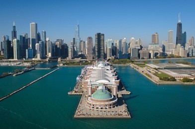 aerial view of navy pier and the chicago, illinois skyline (taken from a helicopter over lake michigan). (2879)