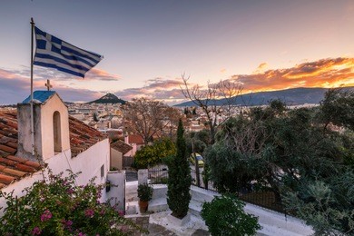 view of lycabettus hill from anafiotika neighborhood in the old town of athens, greece. 
