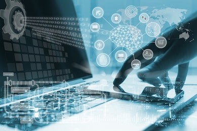 artificial intelligence ai, internet of things iot concept. business man using smartphone, laptop computer on technology background, 4.0 industrial technology development, remote control, blue tone