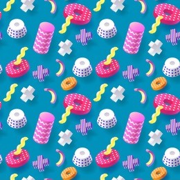 trendy abstract memphis seamless pattern with realistic 3d elements. geometric shapes hipster background for poster, fabric, covering. vector illustration