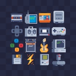 pixel art flat icons set. retro technology, computer, joystick, cassette, tape recorder. retro style 80s. accessories for consoles. design apps. game assets. isolated abstract vector illustrations.