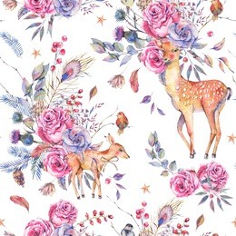 watercolor floral semless pattern with cute deer, fawn, vintage roses, thistles, twigs, spruce branches, birds, berries and leaves on white background, natural winter decoration, holiday illustration