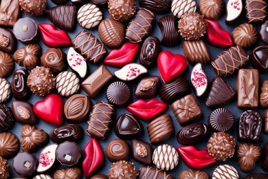 assortment of fine chocolate candies, white, dark and milk chocolate sweets background. copy space. top view.