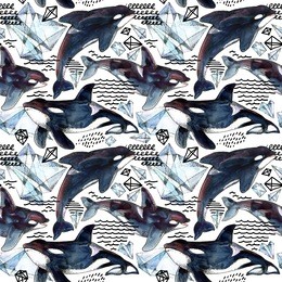 killer whale seamless pattern. watercolor arctic ice and ocean background