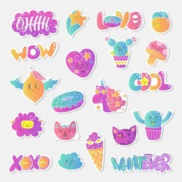 vector patch set - 80s-90s doodle style design. kawaii doodle characters. isolated illustrations - great for stickers, embroidery, badges.