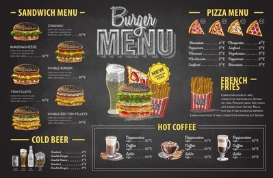 vintage chalk drawing burger menu design. fast food menu