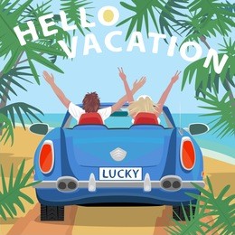 young couple sitting in retro cabriolet car with raised open arms outstretched, on beach near ocean. back view. lettering hello vacation. simplistic realistic style. vector illustration
