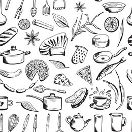 hand drawn seamless pattern with decorative cooking icons. vector sketch background with kitchen utensils, vegetables, food, kitchenware. doodle elements.