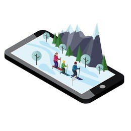 isometric happy family skiing. mobile navigation. videos and photos keeped in phone memory. cross country skiing, winter sport. olimpic games, recreation lifestyle, activity speed extreme
