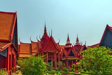 royal palace exterior in phnom penh, exterior of the national museum. cambodia