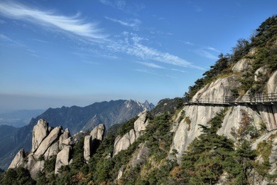 
a sideway high in mount jiuhua, nine glorious mountains, one of the four sacred mountains of chinese buddhism located in qingyang county in anhui province in china.  
