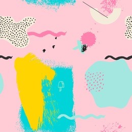 geometric funky pink seamless pattern with hand drawn brush strokesand doodles, pop art memphis elements. bright 80s 90s neon background for card, poster, textile, wrapping, wallpaper, web design