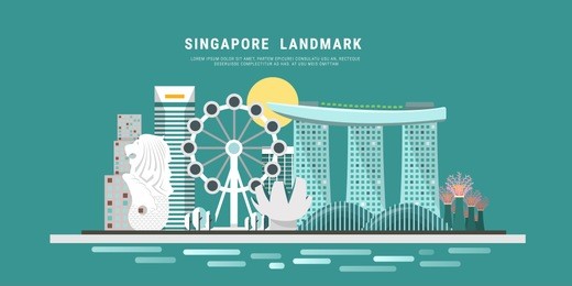 singapore landmark. flat design, a city state in southeast asia. vector illustration.