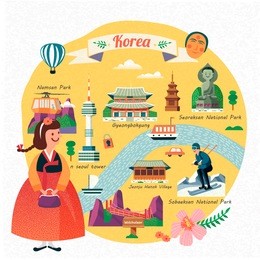 korea travel illustration, lovely girl wearing hanbok and seeing famous landmarks in korea, flat design