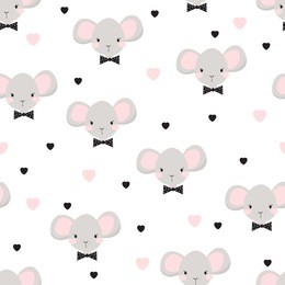 funny baby pattern with cute mouse with bow and hearts. childish illustration in vector.