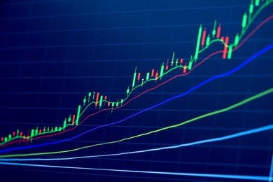stock exchange data on led display on laptop screen for finance and economic. business graph background.