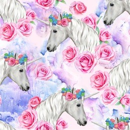 unicorn seamless pattern with pink roses. white horses have a flower wreath. illustration. watercolor. colorful handmade