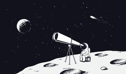 astronaut looks through the telescope to universe on moon.drawing style.space vector illustration
