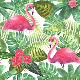 natural background. tropical exotic pink flamingos, green leaves, branches and bright flowers on white background. watercolor hand drawn illustration. seamless pattern. wrapping, wallpaper, textile.