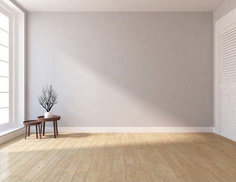 idea of white empty room with wardrobe and white landscape in large window. scandinavian interior design. 3d illustration