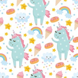 seamless pattern with cute little unicorn. ice cream, clouds, rainbow and stars. fantasy and lovely illustration for kids. theme for wallpaper, print, textile.