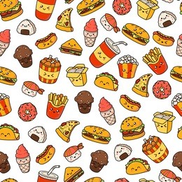 set of vector cartoon doodle icons junk food. illustration of comic fast food. seamless texture, pattern, wallpaper, background