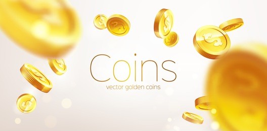banner realistic gold coins flying. gray background.