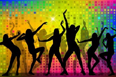 rainbow colored background and silhouettes of dancing girls. vec