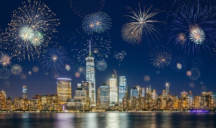 new york city skyline with fireworks on the sky. new years eve celebration