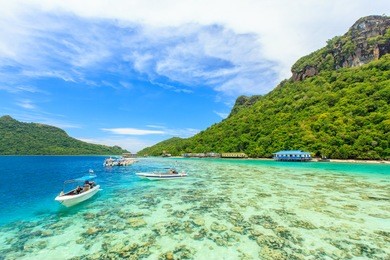corals reef and islands seen from the jetty of bohey dulang island, sabah, malaysia.