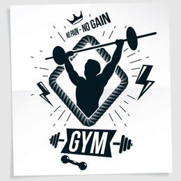 power lifting competition poster created with vector illustration of muscular bodybuilder holding barbell sport equipment. no pain, no gain quote.