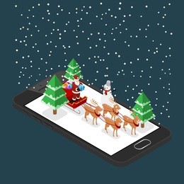 isometric 3d santa claus bring a gift by his six reindeers and sleigh on a black mobile phone in christmas theme, illustration flat vector design.