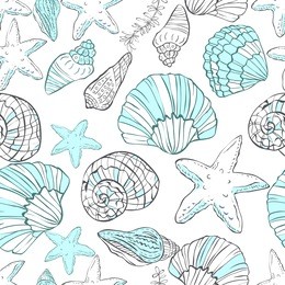 seamless pattern with hand drawn shells on white background