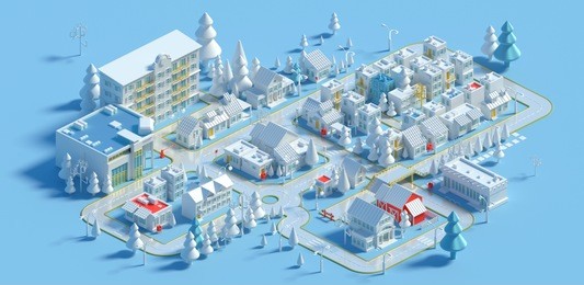 3d rendering of low poly isometric city in the winter. town building, trees and roads on blue background. isolated city block at day