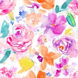 bright, spring, tropical watercolor floral pattern on white background that repeats seamlessly