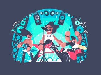 concert of rock band with guitar and drum set. vector illustration