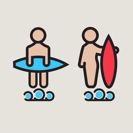 surf logo or emblem design for toilet. man and woman standing with surf