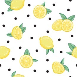vector seamless pattern with cartoon lemons and black dots isolated on white. 