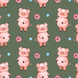 seamless pattern pink pig on a dark background