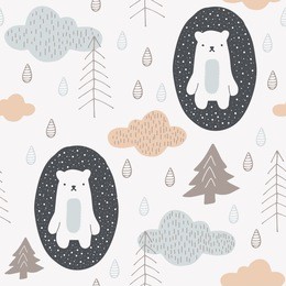 cute seamless pattern with hand drawn bears, clouds and trees. scandinavian style design. vector background image for fabric, textile, scrapbook, baby shower, gift wrapping paper