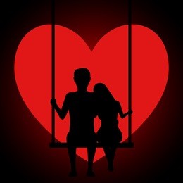man and woman embracing sitting on a swing in the background of the moon in the form of a heart. two lovers sitting on a swing at sunset. valentines day card. vector illustration