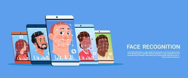 biometric scanning of user face recognition system concept modern smart phone access control technology flat vector illustration