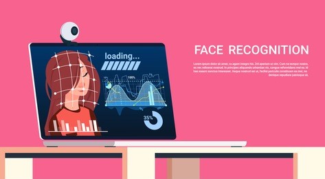 face recognition concept technology of biometric scanning on laptop female user authentication technology modern access control system flat vector illustration