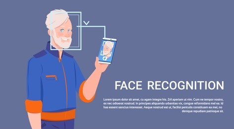 man hold smart phone scanning face recognition concept biometric access control technology flat vector illustration