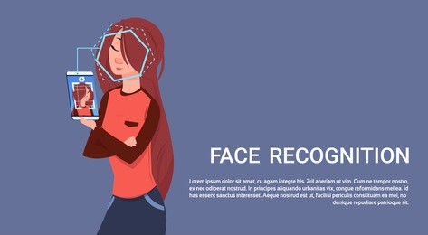 woman hold smart phone scanning face recognition concept biometric access control technology flat vector illustration