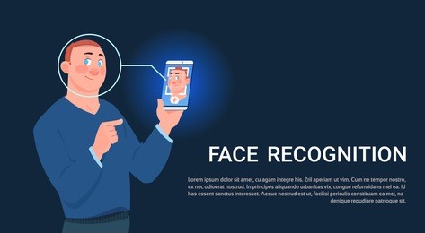man hold smart phone scanning face recognition concept biometric access control technology flat vector illustration